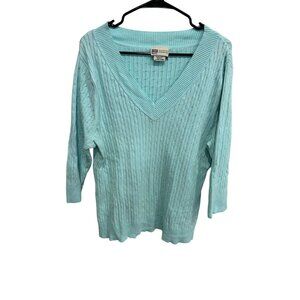 Faded Glory V-Neck 3/4 Sleeve Cable Knit Sweater Aqua Blue Size 18W/20W Cozy